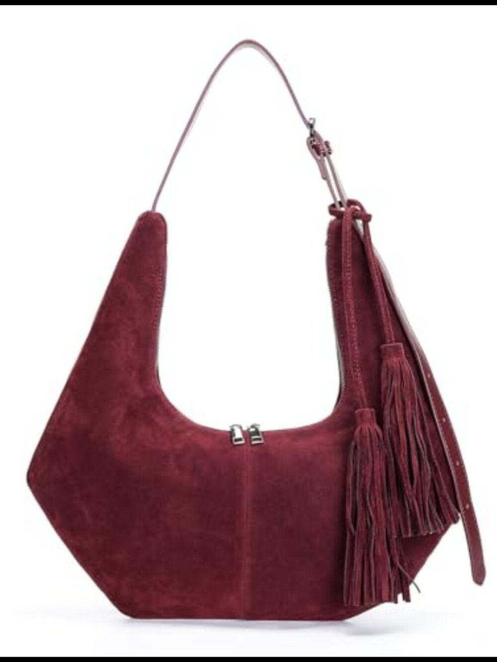 Faux Suede Slouchy Crescent Hobo Shoulder Bag Tassel Women